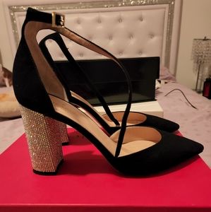 Kate Spade Sparkle Rhinestone Block Heel Strappy Shoe Pointed Toe Suede
